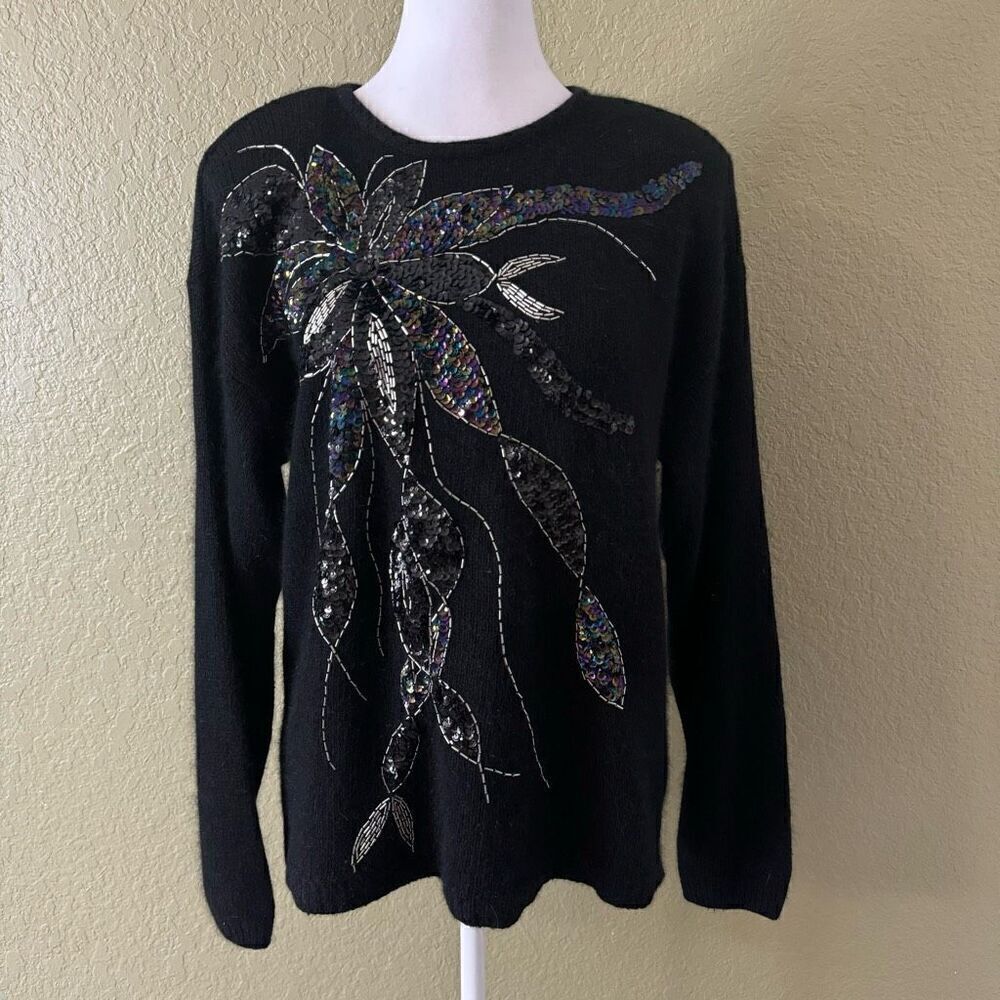 Vintage Womens L Sequin Beaded Flower Sweater Black Bedazzled Pointsetta Holiday